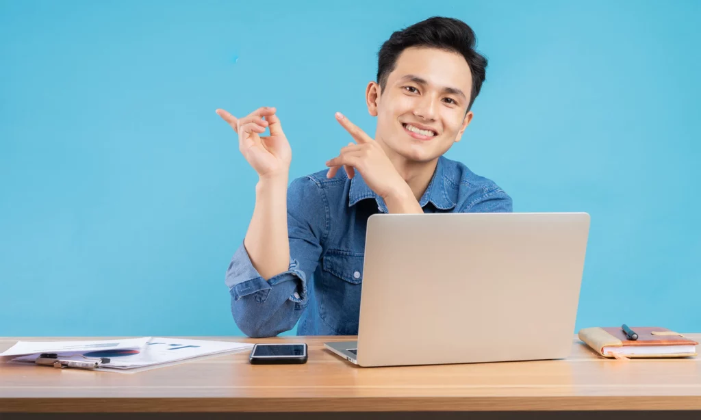 a secure future with smsf a male smsf accountant gesturing that the fund's investment returns has increased