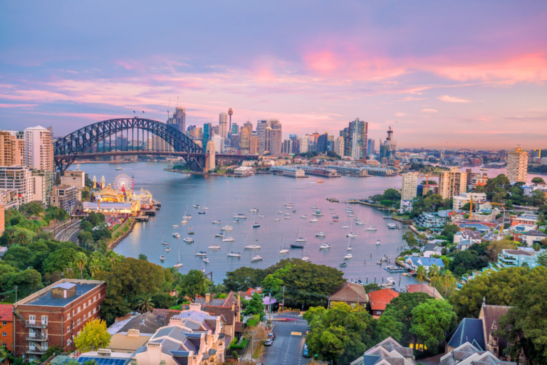 in image of the Sydney skyline, featuring the CBD area during dusk, symbolising the essential eight cybersecurity baseline controls for SMEs