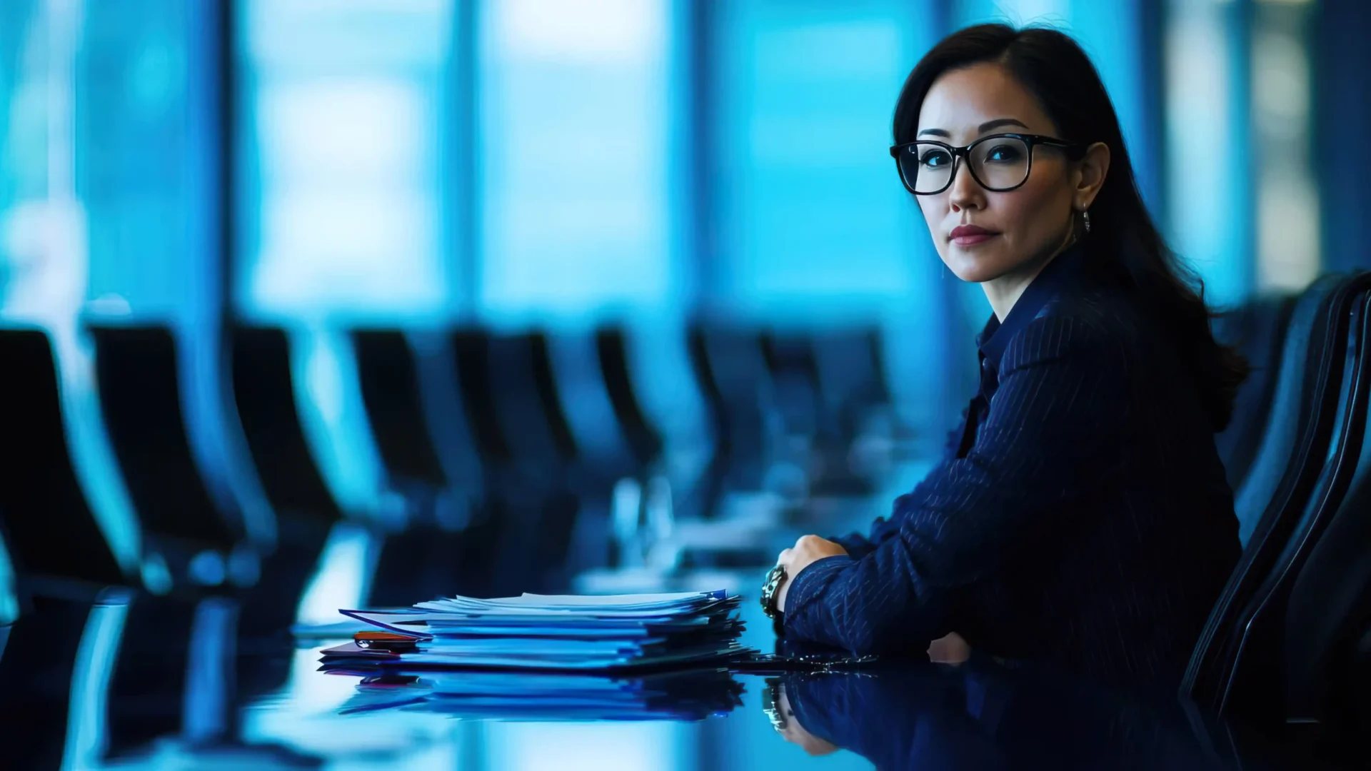 confident-businesswoman-seated-modern-conference-table-showcasing-professionalism-focus-corporate-setting copy