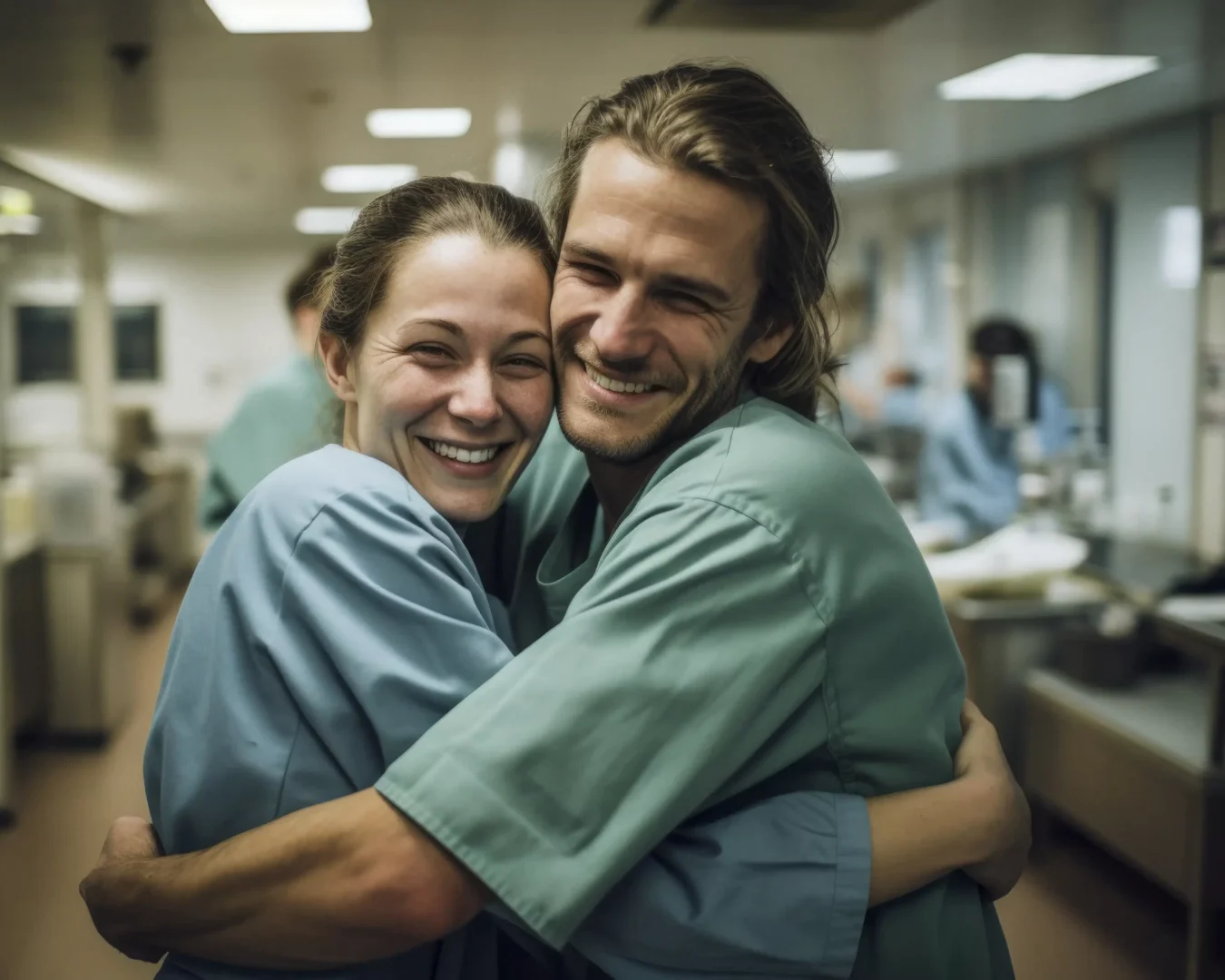 an image of hospital staff hugging each other, symbolising the peace of mind healthcare professionals receive from DBA Advisory's reliable healthcare advisory services.