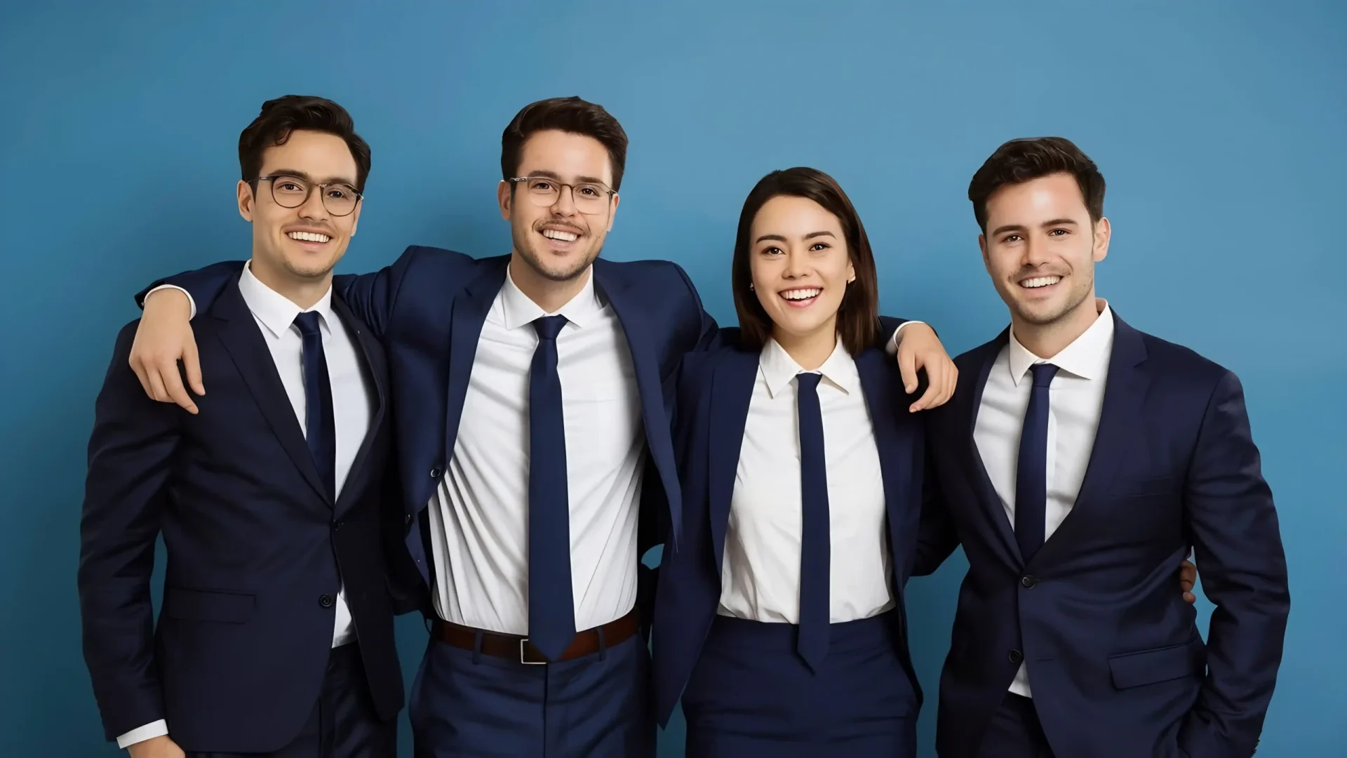 smiling-young-colleagues-suit-standing-against-blue-background copy