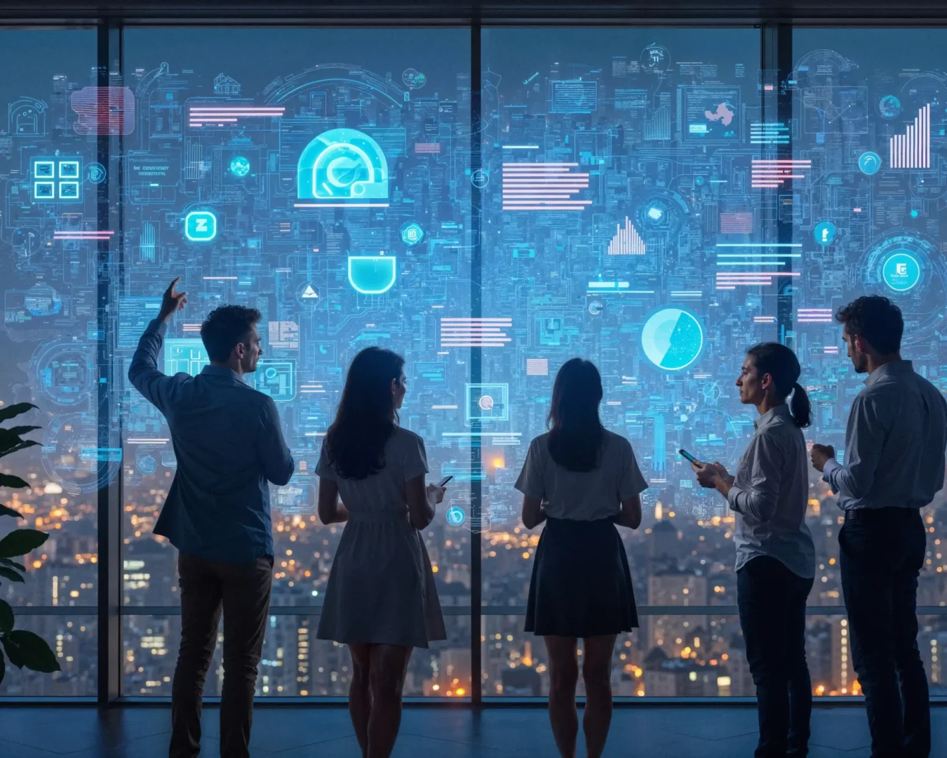 an image of a team of technology and infrastructure experts monitoring various systems and networks using a advanced monitoring system