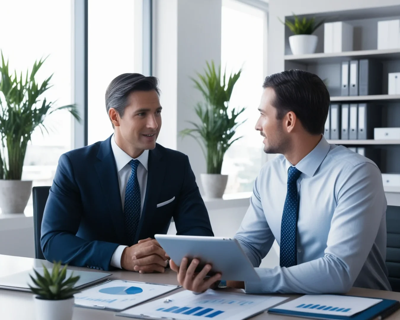two-men-are-sitting-desk-with-diagram-that-says-business copy